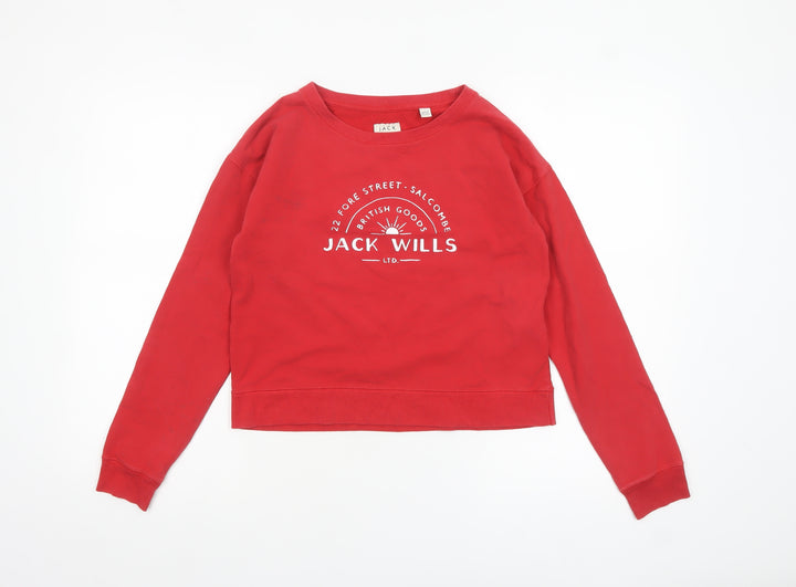 Jack Wills Womens Red Cropped Long Sleeve Crew Neck T-Shirt Size 8