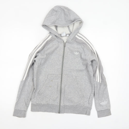 Adidas Boys Grey Full Zip Hoodie 11-12 Years Hooded Logo Sportswear