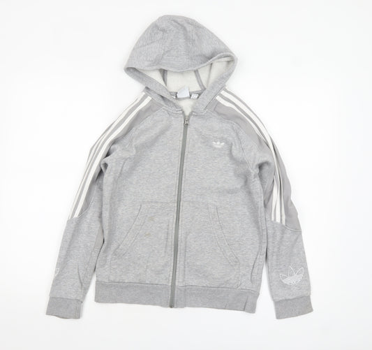 Adidas Boys Grey Full Zip Hoodie 11-12 Years Hooded Logo Sportswear