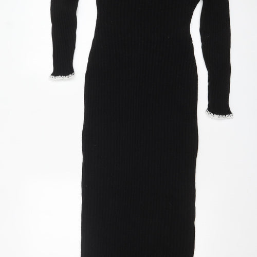Boohoo Women’s Black Knit Bodycon Midi Dress Size M Long Sleeve