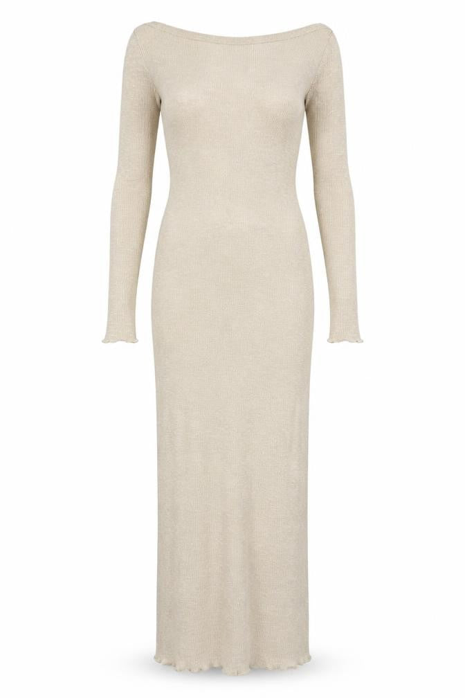 Front view of Pull&Bear Women's Beige Long Sleeve Bodycon Knit Dress, size 12