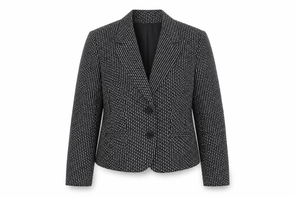 Front view of Aria women’s black polka dot cotton lined two button blazer, size UK 18