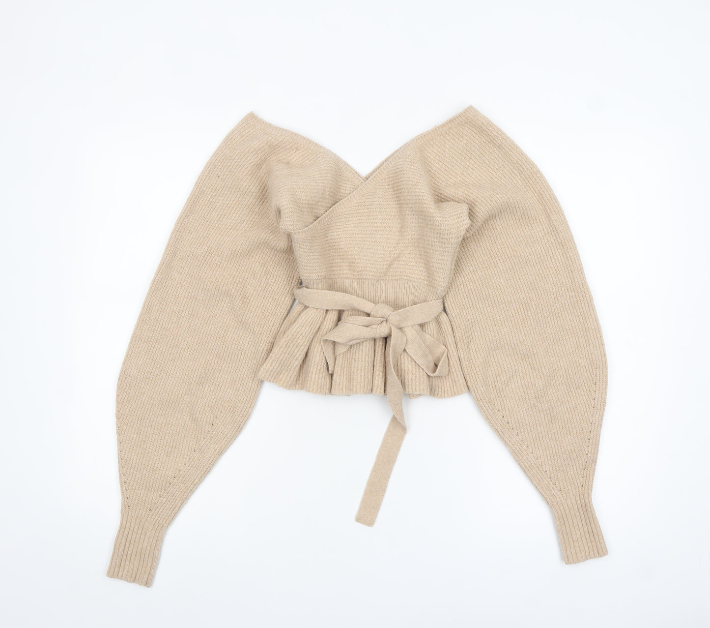 ASOS Design Women Beige Wrap Jumper UK 10 Belted Long Sleeve Knit
