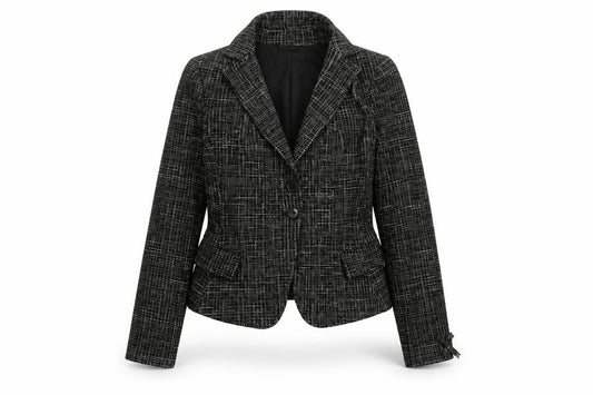 Front view of Patrizia Pepe Women’s Black Check Tweed Wool Blazer, size UK 16