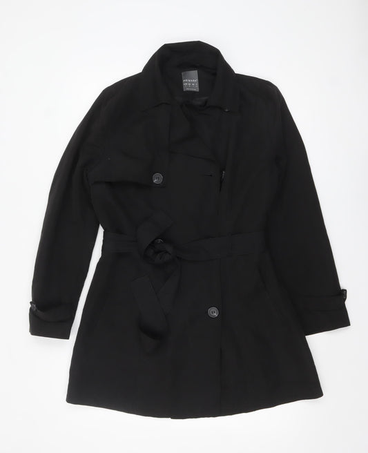 Primark Womens Black Size 12 Trench Coat Belted Mid-Length Polyester