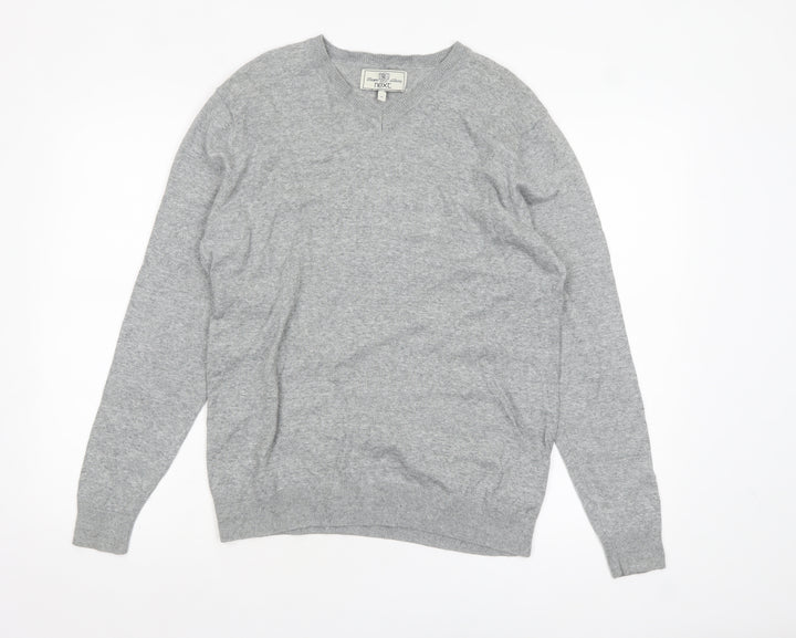 Next Men’s Grey V-Neck Cotton Jumper M Classic Knit Pullover