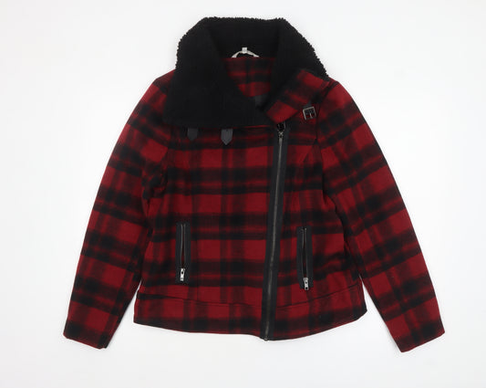Red Herring Women Red Check Biker Jacket Size 14 Wool Blend