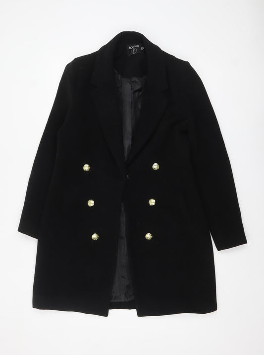Boohoo Women's Black Long Buttoned Coat Size 12 Classic Overcoat