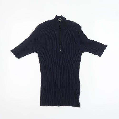Verve Ami Women's Blue Mock Neck Short Sleeve Zip Jumper Size S