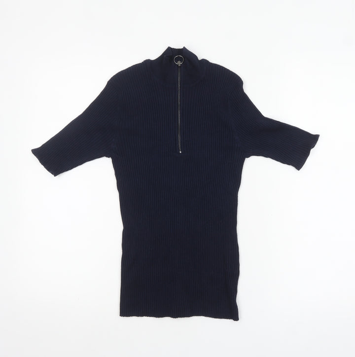 Verve Ami Women's Blue Mock Neck Short Sleeve Zip Jumper Size S