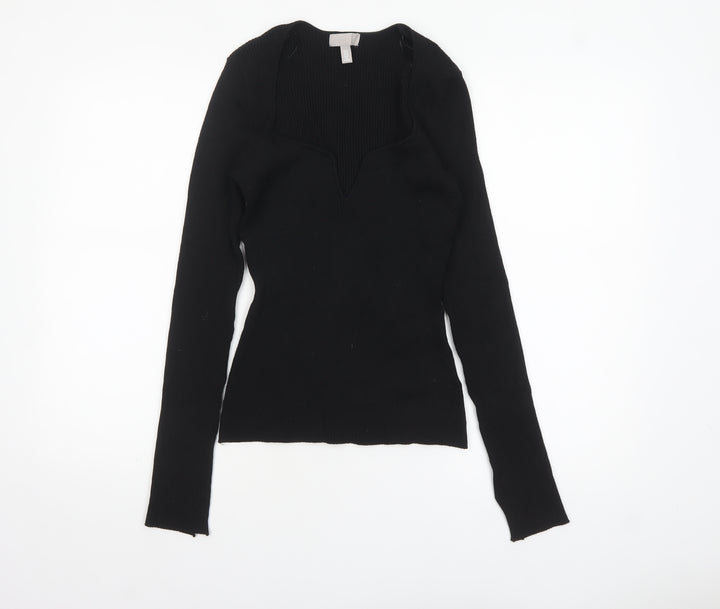 H&M Women's Black V-Neck Slim Fit Long Sleeve Pullover Jumper Size 12