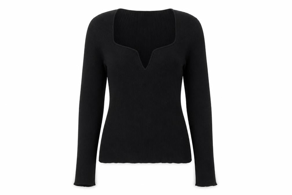 Front view of H&M Women's Black V-Neck Slim Fit Long Sleeve jumper, size 12