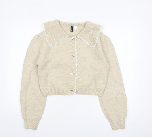 H&M Women Beige Collared Knit Cardigan XS Puff Sleeve Classic