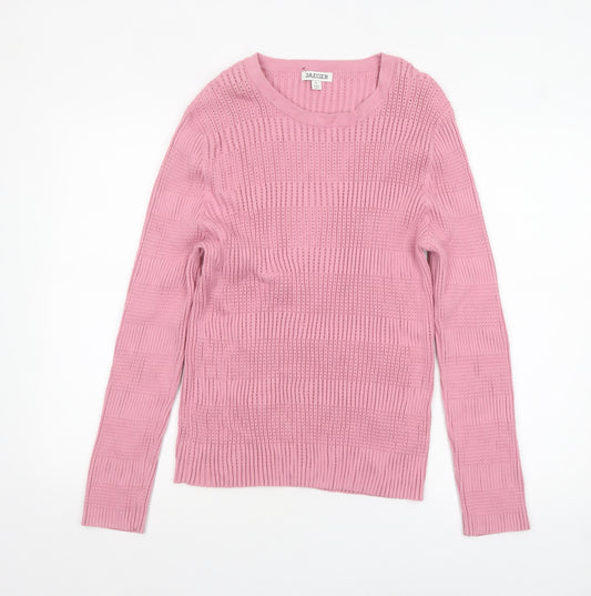 Jaeger Women Pink XL Open-Knit Cotton Crew Neck Jumper