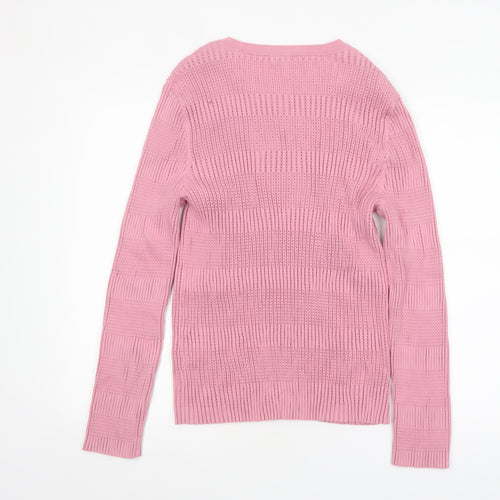 Jaeger Women Pink XL Open-Knit Cotton Crew Neck Jumper