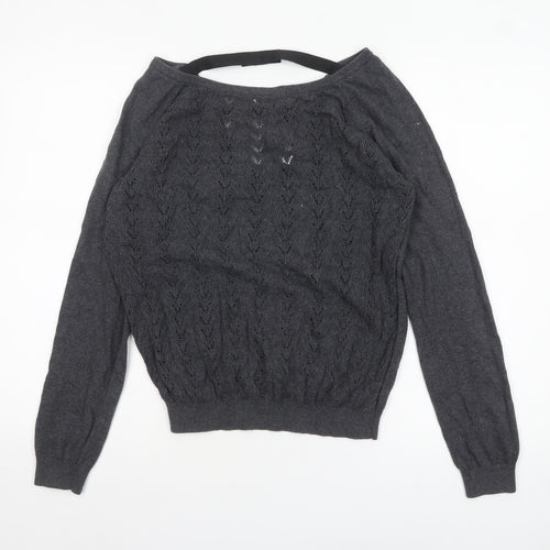 Mango Women’s Grey V-Neck Open-Knit Jumper Size 14