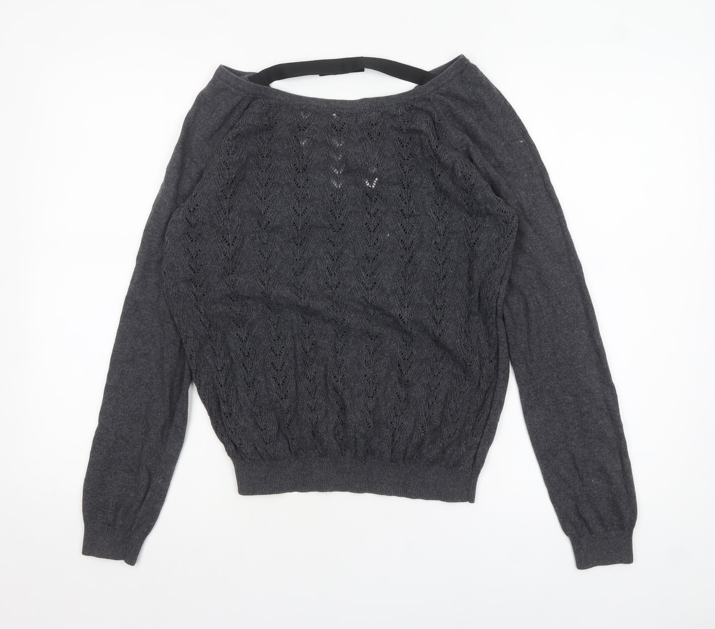 Mango Women’s Grey V-Neck Open-Knit Jumper Size 14