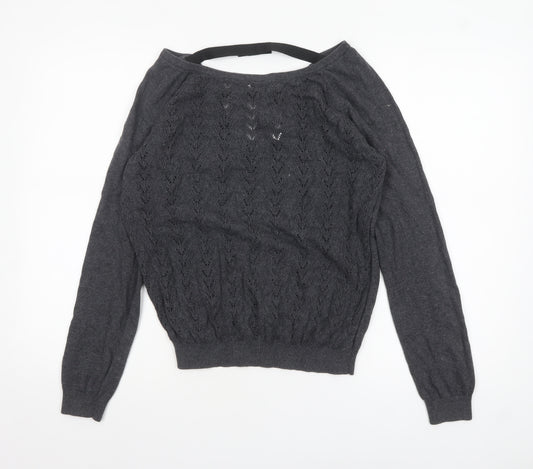 Mango Women’s Grey V-Neck Open-Knit Jumper Size 14