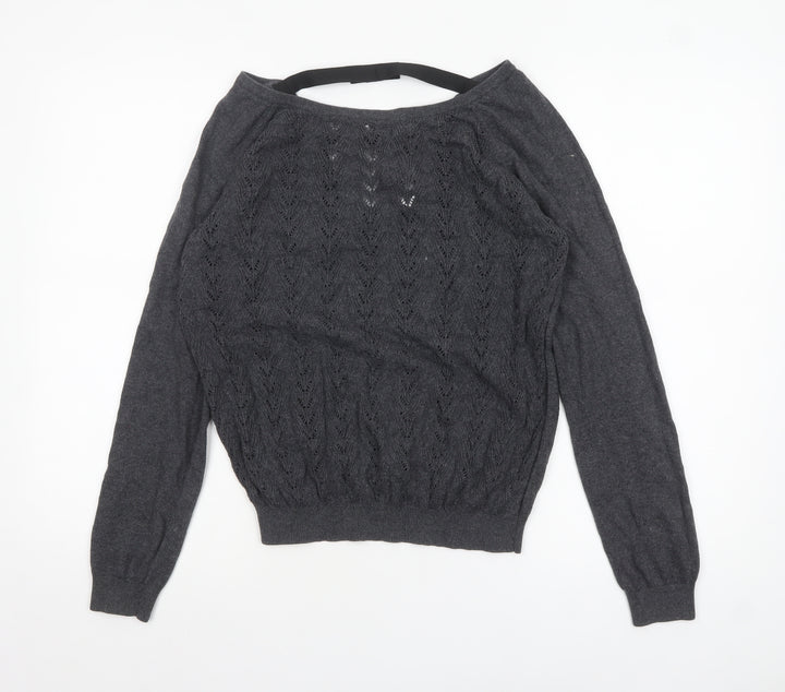 Mango Women’s Grey V-Neck Open-Knit Jumper Size 14