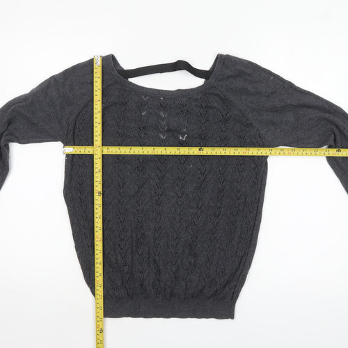 Mango Women’s Grey V-Neck Open-Knit Jumper Size 14