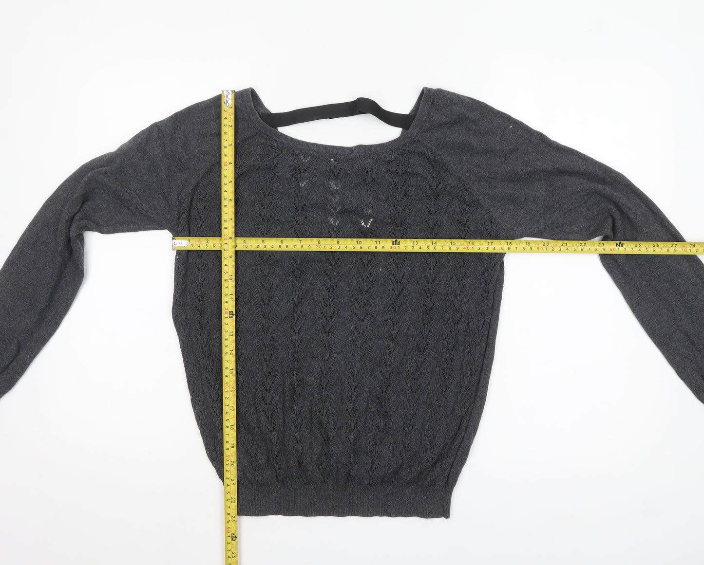 Mango Women’s Grey V-Neck Open-Knit Jumper Size 14