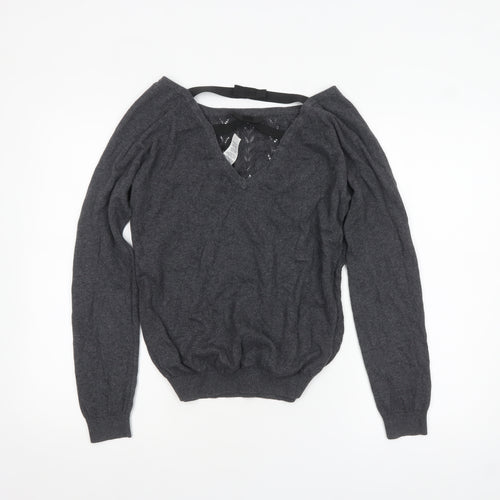 Mango Women’s Grey V-Neck Open-Knit Jumper Size 14
