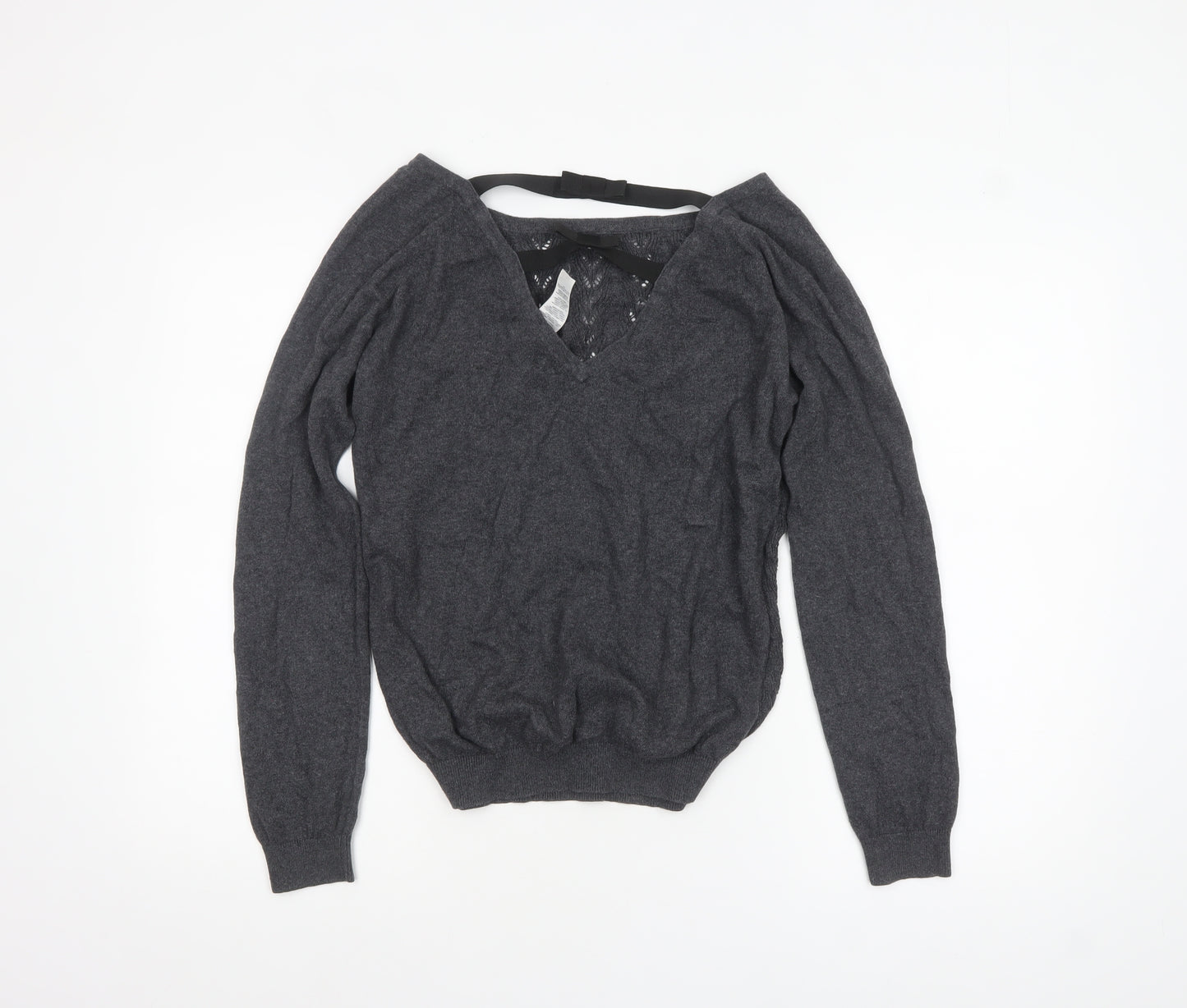 Mango Women’s Grey V-Neck Open-Knit Jumper Size 14