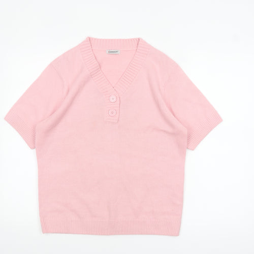 Damart Women Pink M Henley V-Neck Short Sleeve Acrylic Jumper