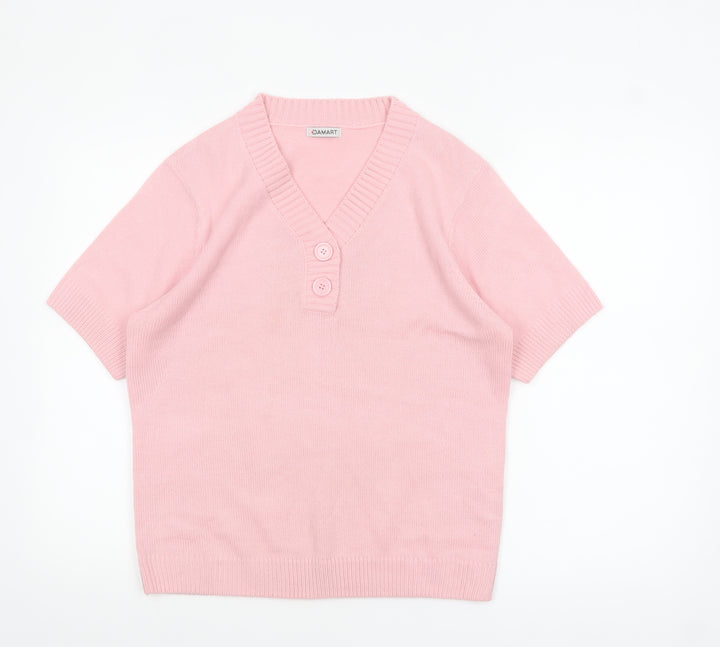 Damart Women Pink M Henley V-Neck Short Sleeve Acrylic Jumper
