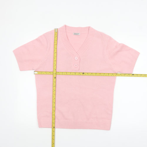 Damart Women Pink M Henley V-Neck Short Sleeve Acrylic Jumper
