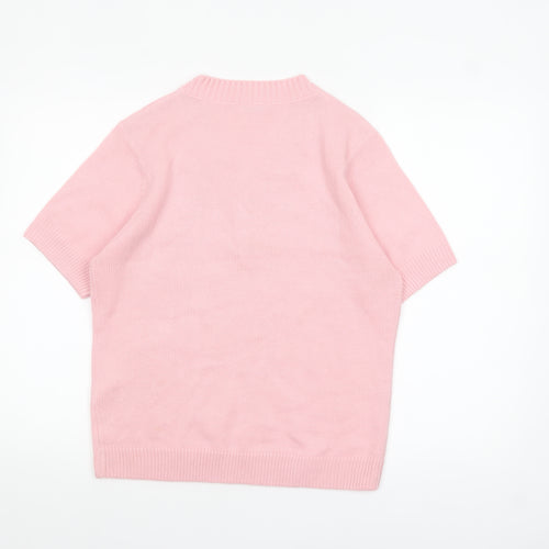 Damart Women Pink M Henley V-Neck Short Sleeve Acrylic Jumper