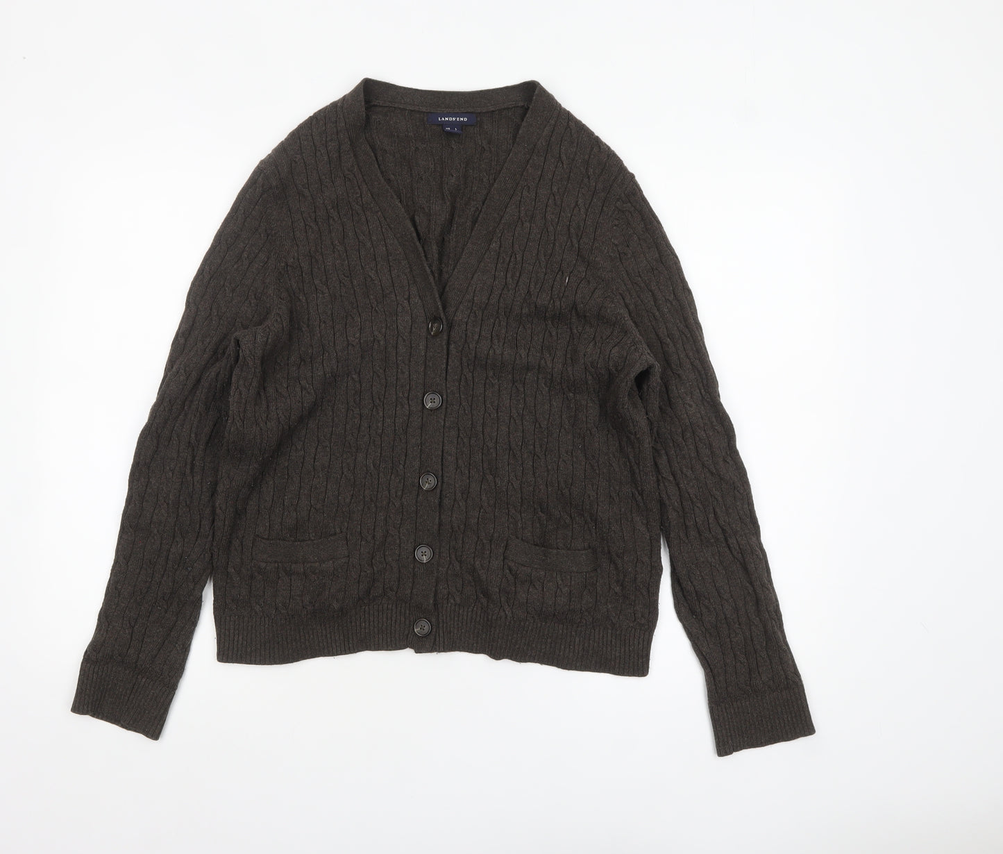 Lands' End Women's Brown Wool Cable-Knit Cardigan L