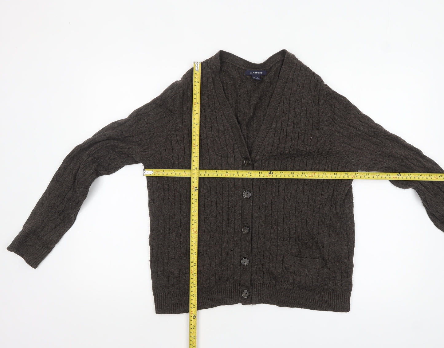Lands' End Women's Brown Wool Cable-Knit Cardigan L