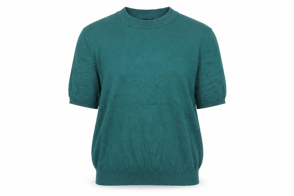 Front view of Pop England Women's Green Short Sleeve Crew Neck Cotton jumper, size 4