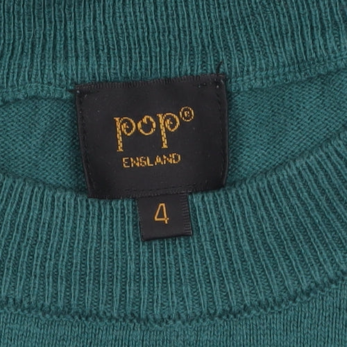 Pop England Women's Green Short Sleeve Crew Neck Cotton Pullover Jumper Size 4