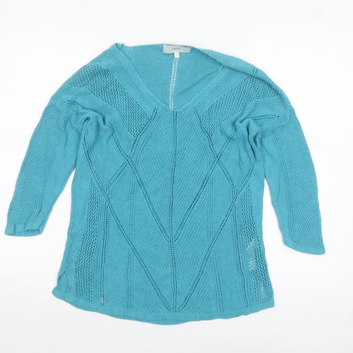 Next Women Blue Cotton Knit V-Neck 3/4 Sleeve Pullover Jumper Size 12