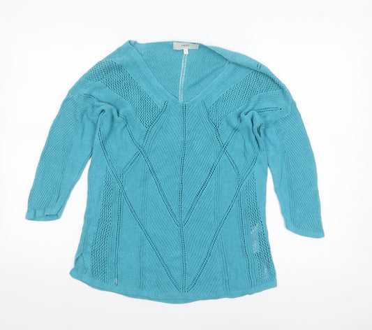 Next Women Blue Cotton Knit V-Neck 3/4 Sleeve Pullover Jumper Size 12