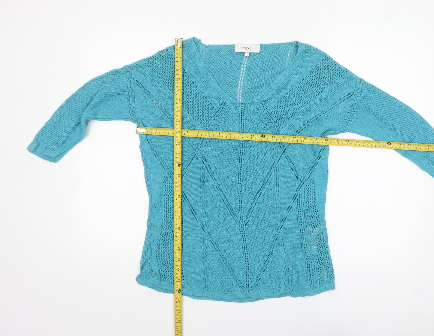 Next Women Blue Cotton Knit V-Neck 3/4 Sleeve Pullover Jumper Size 12