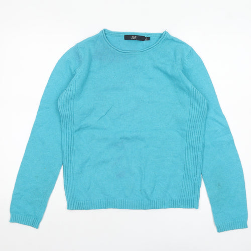 Isle Essentials Women Blue Wool Blend Crew Neck Jumper Size S 10-12
