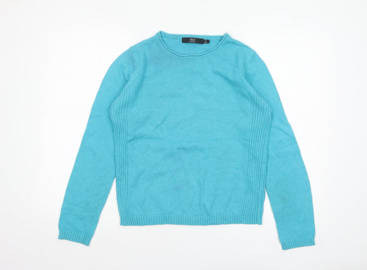 Isle Essentials Women Blue Wool Blend Crew Neck Jumper Size S 10-12