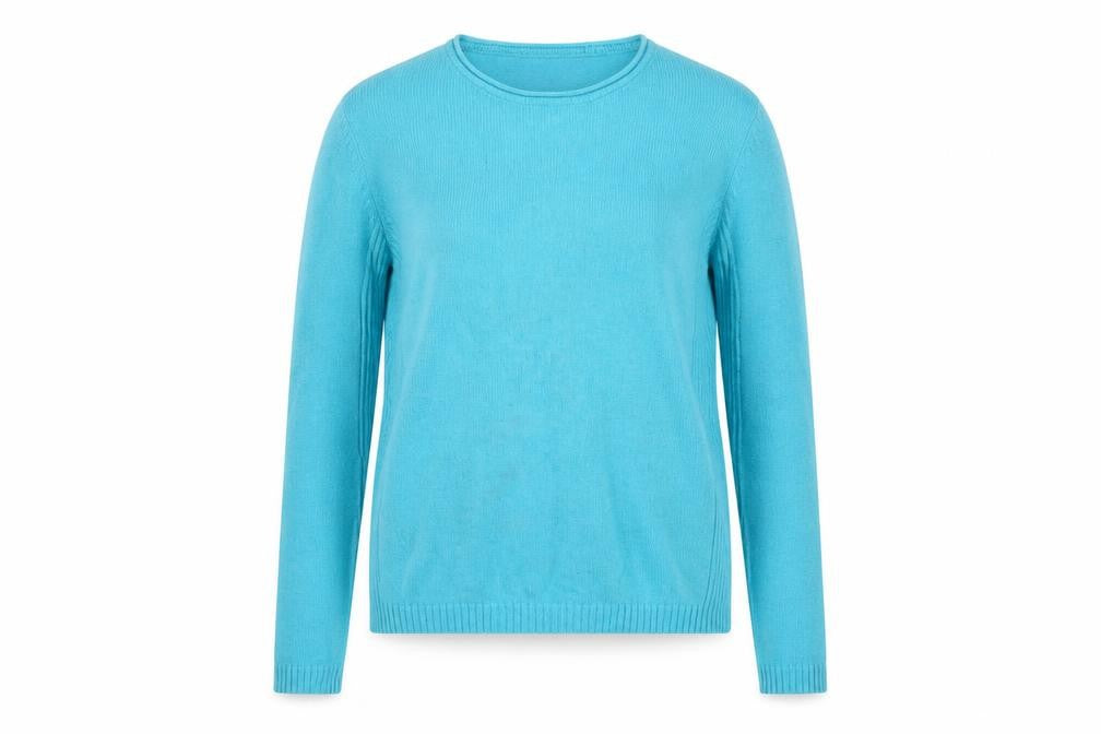 Front view of Isle Essentials Women Blue Wool Blend Crew Neck Jumper, size S, 10-12