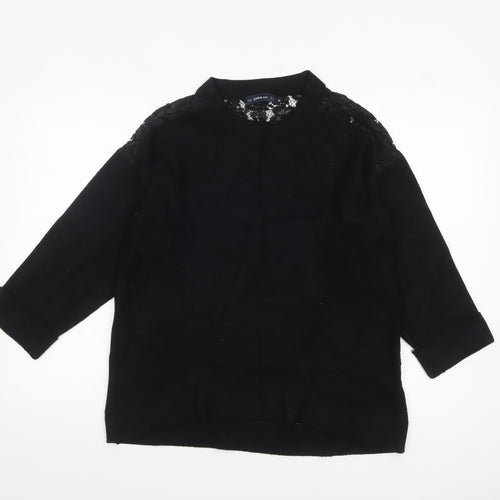 Zara Women Black Crew Neck Lace Knit 3/4 Sleeve Pullover Jumper Size 12