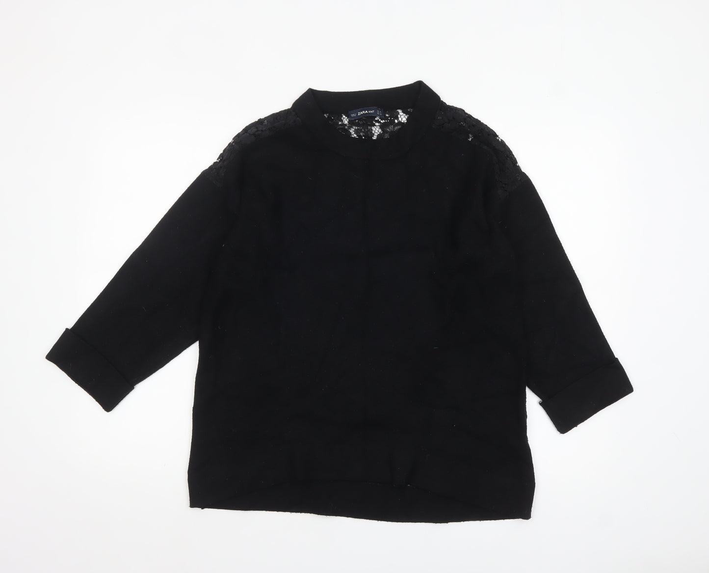 Zara Women Black Crew Neck Lace Knit 3/4 Sleeve Pullover Jumper Size 12