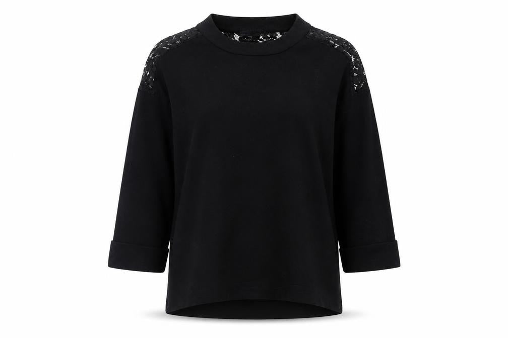 Zara Women Black Crew Neck Lace Knit 3/4 Sleeve Pullover Jumper Size 12