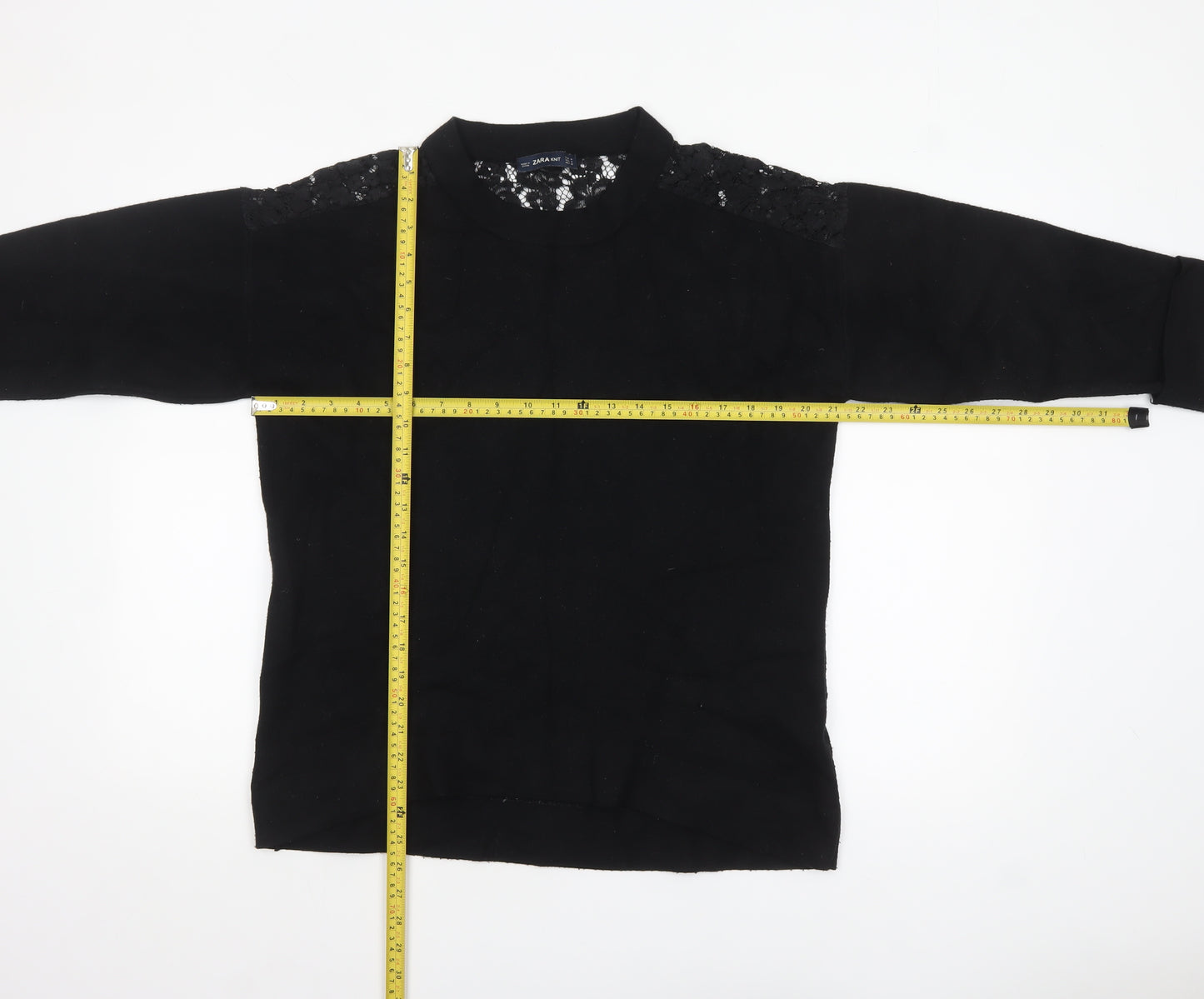 Zara Women Black Crew Neck Lace Knit 3/4 Sleeve Pullover Jumper Size 12
