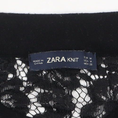 Zara Women Black Crew Neck Lace Knit 3/4 Sleeve Pullover Jumper Size 12