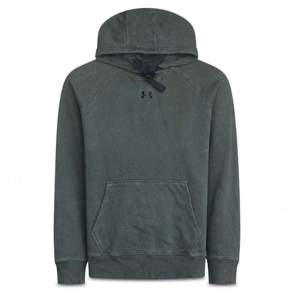 Front view of Under Armour Men's Green Pullover Hoodie, size M, Relaxed Fit
