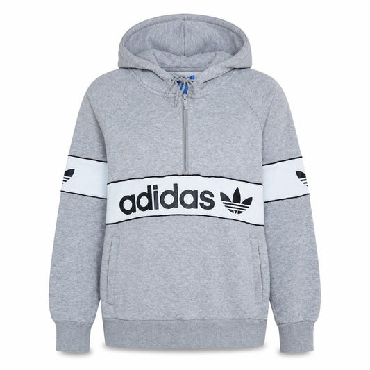 Front view of Adidas women’s grey 1/2 zip hoodie, size UK 12, classic logo pullover