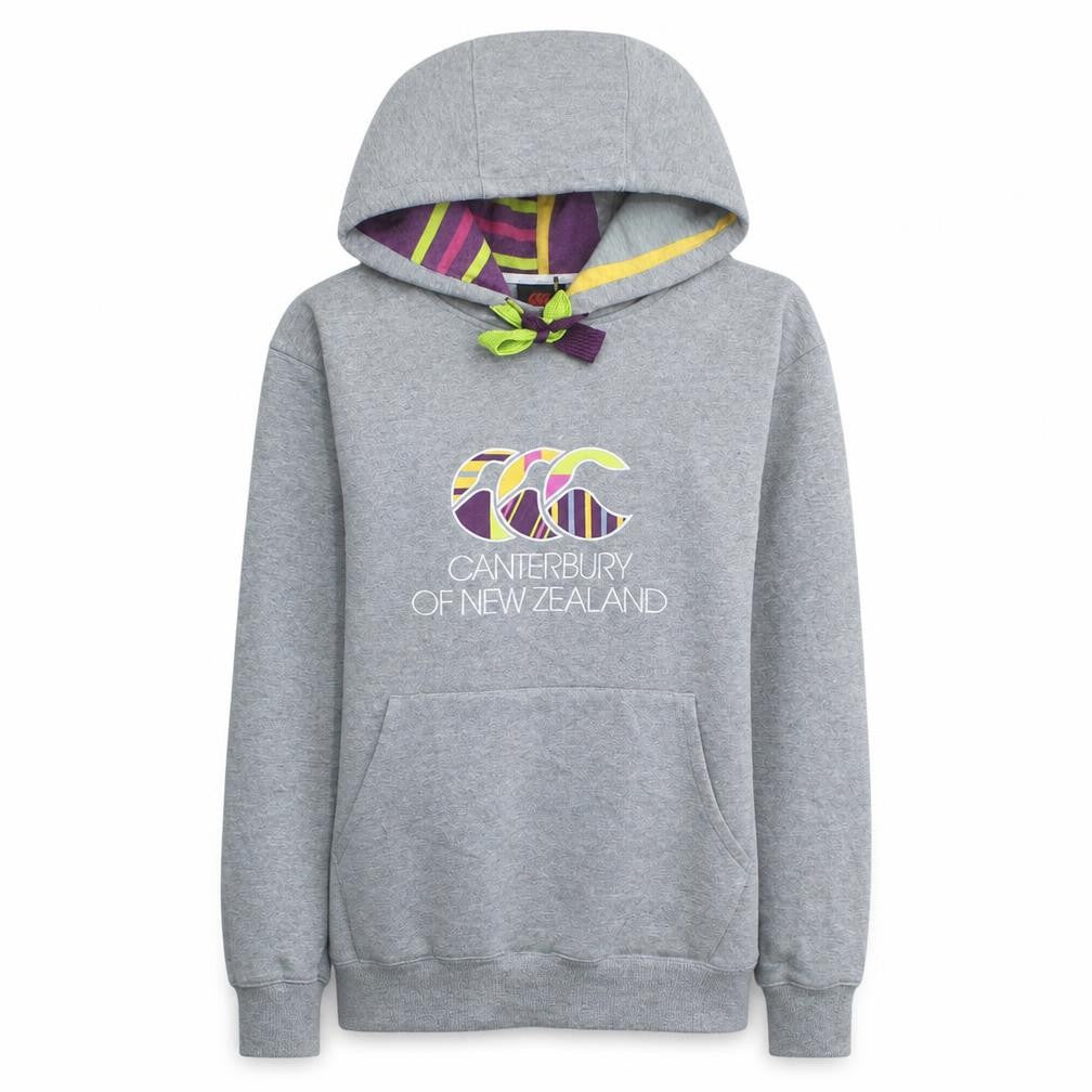 Front view of Canterbury women’s grey hooded pullover sweatshirt, size S