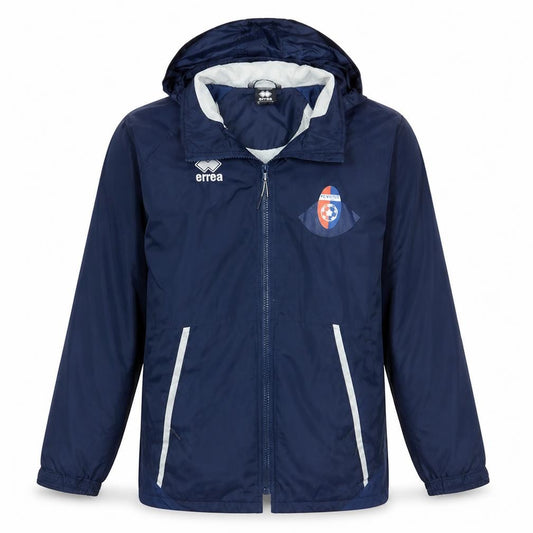 Front view of Errea Men's Blue XS Hooded Lined Water Resistant Football Jacket